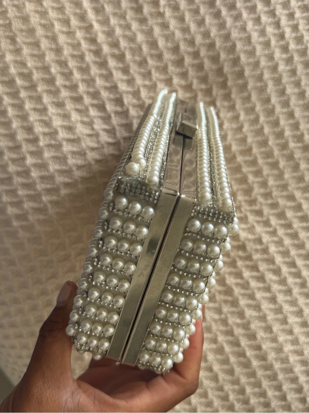 Pearl-Embellished Silver Clutch Wallet ONE PEARL PIECE IS MISSING